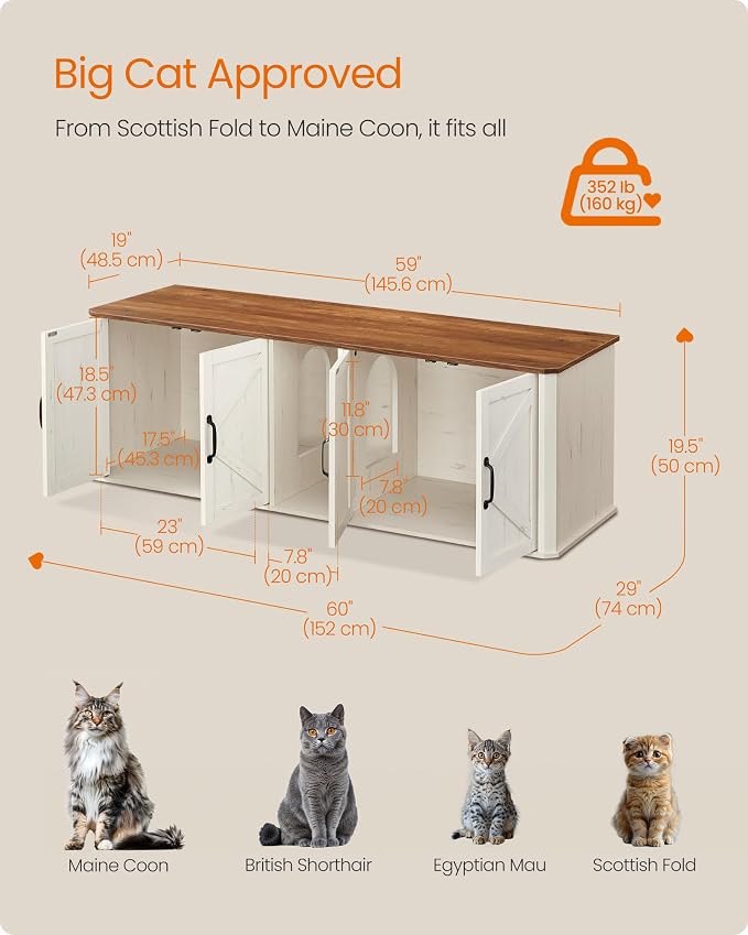Feandrea Double Cat Litter Box Enclosure, Modern Litter Box Furniture Hidden for 2 Cats, Front Entry, Cat House, Side End Table, TV Stand, 59 x 19 x 19.5 Inches, Honey Brown, Rustic White UPCL010K01