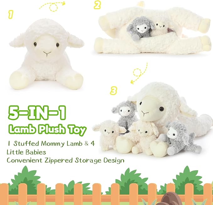 Tezituor 5Pcs Lamb Stuffed Animals Set, 20 Inch Large Mommy Stuffed Sheep Plush with 4 Cute Lamb Babies, Realistic Sheep Plush Pillow for Girls Boys