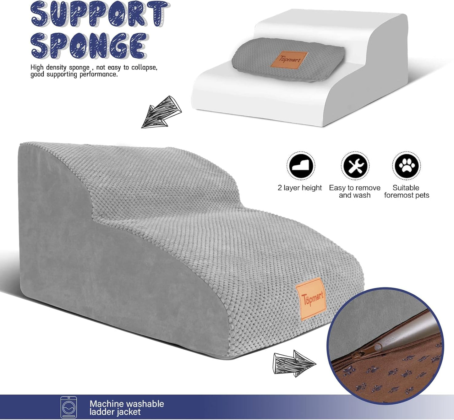 Topmart High Density Extended Foam Dog Ramp&Steps 2 Tiers,11.8" High,Non-Slip Dog Stairs,Soft Foam Pet Ladder with Waterproof Cover,Best for Injured,Older Cats,Pets with Joint Pain