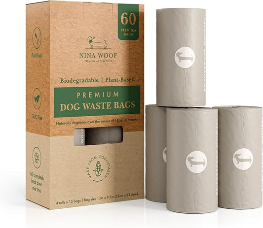 100% Certified Home Compostable and Biodegradable Dog Poop Bags - ASTM D6400 & EN 13432 Compliant Dog Waste Bags – 60 Bags – 4 x Rolls of Plant Based Compostable Poop Bag