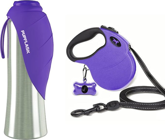 Tuff Pupper Retractable Dog Leash and 40oz Pupflask Portable Water Bottle - Violet