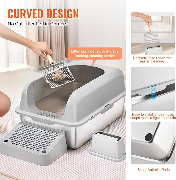 VEVOR Stainless Steel Cat Litter with Lid, XL Extra Large Enclosed Cat Litter Box for Big Cats, High Sides Metal Litter Box, Anti Leakage,Odor-Free & Easy Cleaning,Include Scoop & Foot Board