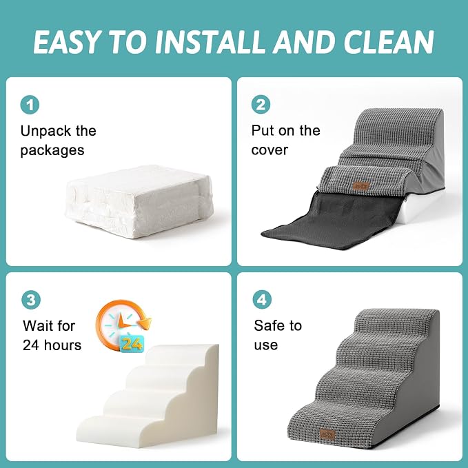 COZY KISS Dog Stairs for Small Dogs 15.7" H, Curved Dog Step for Puppy, Older Cat, Medium Pet Ramp for Sofa, Couch or Chair, Ladder with High Density Foam, 3 Step, 15.7x22.4x15.7 inch, Dark Grey