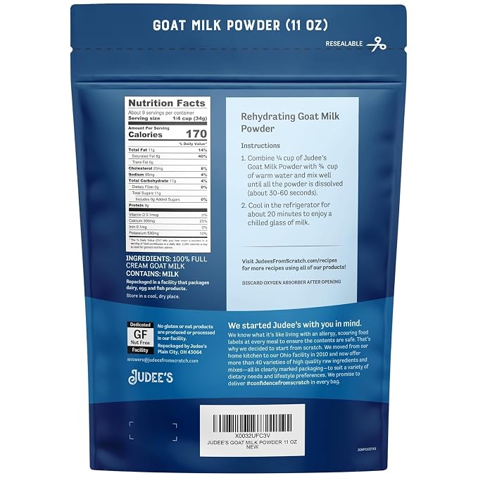 Judee’s Goat Milk Powder 11 oz - Blends Well in Smoothies and Great for Baking - Convenient for Travel, Hiking, and Camping - Non-GMO, Gluten-Free and Nut-Free