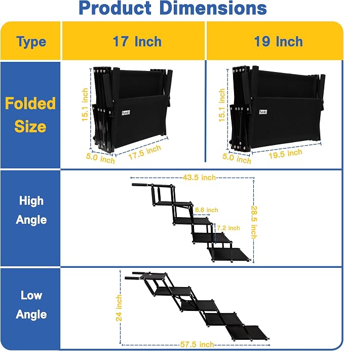 Dog Stairs for Large Dogs, for Medium Dogs, Foldable Dog Ramp for Car & SUV, Steps for Bed, Wide Non-Slip Pet Steps for Car Side Door, Truck & High Beds, Portable & Adjustable - 17" Wide
