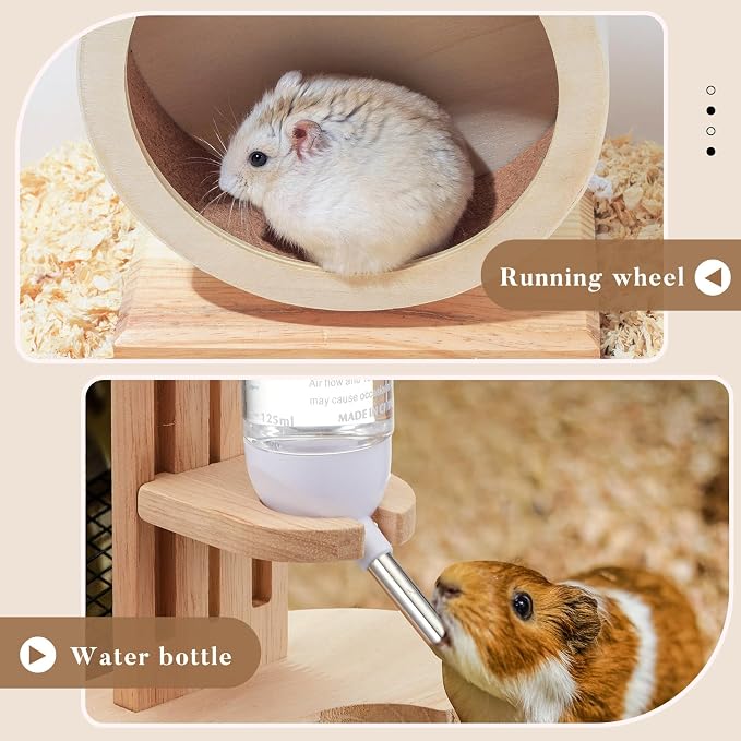 Silent Wooden Hamster Wheel with Cork Lining, 7.9 Inch Quiet Exercise Wheel for Dwarf Syrian Hamsters, Gerbils, Stable Small Animal Spinner Cage Accessories with Water Bottle Stand(S)