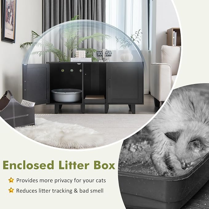 Tangkula Patented Double Cat Litter Box Enclosure for 2 Cats, Large Hidden Privacy Cat Washroom Cabinet with Scratching Board, Indoor Cat House TV Stand Side Table, Litter Box Furniture (Black)