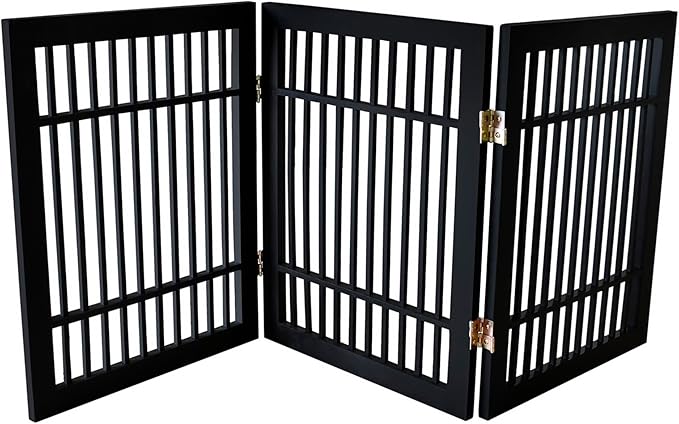 Urnporium Freestanding Wooden Dog Gate – Folding Acacia Hardwood Pet Barrier with 2-Way Hinges, Portable Indoor Outdoor Puppy Safety Fence for Doorways, Hallways (Black Pet Gate, 3 Panel 24" Tall)