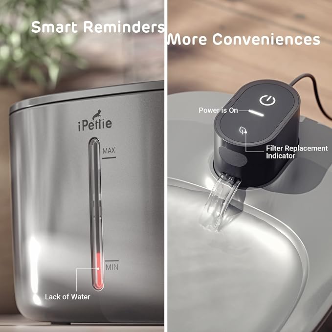 iPettie Runway Stainless Steel Cat Water Fountain, 1.1 Gal/4.0L Large Capacity, 5-Stage Water Filter, Black