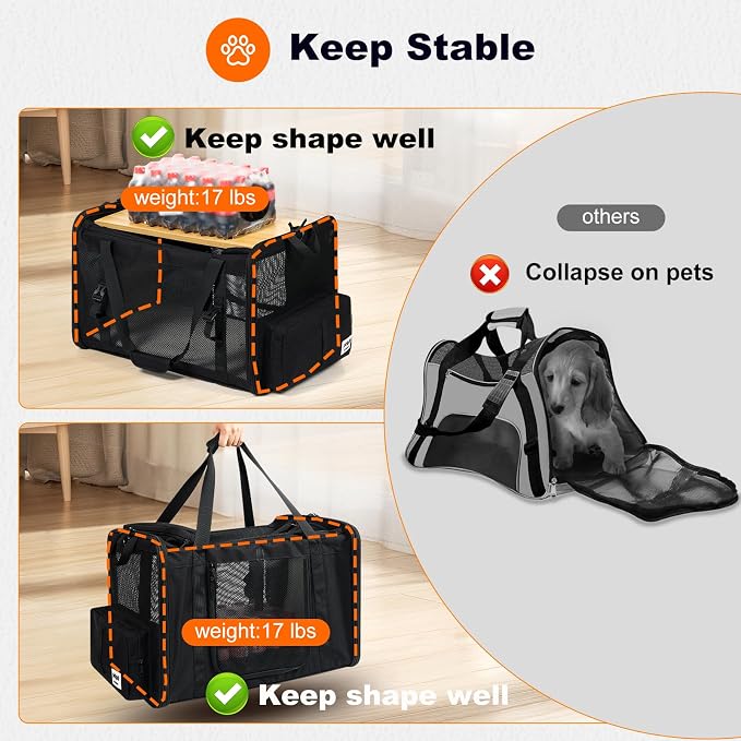 pidipiti 25''(L) x 17''(W) x 17''(H) Extra Large Expandable cat Carrier for car Travel,Soft Crate for 1 Large / 2 Medium Cats up to 35 lbs,Long Road Trip cage with a Leakproof Portable Litter Box