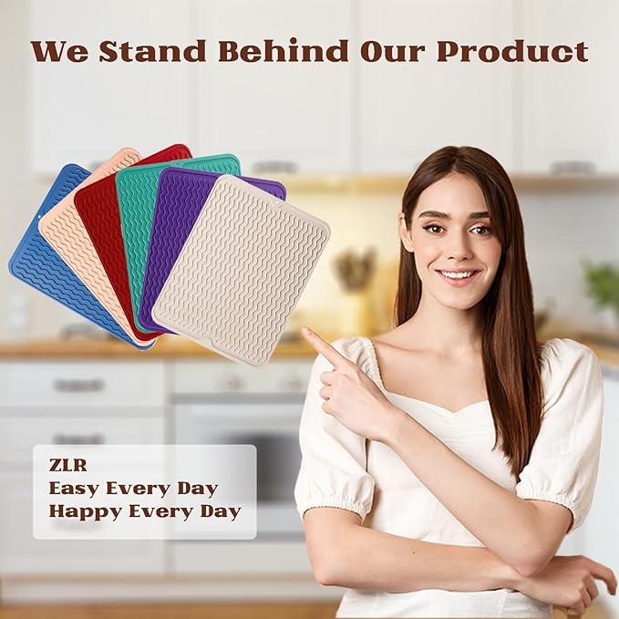 ZLR 4-in-1 Silicone Mat 12" x 12" / 305 x 306mm Square - Dish Drying Mat, Air Fryer Mat, Coffee Maker Pad & Heat Resistant Trivet (up to 450°F) - Non-Slip Food-Grade BPA-Free (Cassava White)