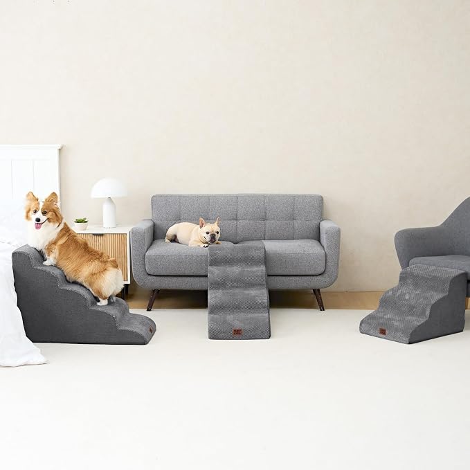 EHEYCIGA Curved Dog Stairs Ramp for High Beds 19.7" H, 4-Step Dog Steps for Small Dogs and Cats, Pet Stairs for High Bed Climbing, Non-Slip Balanced Pet Step Indoor, Grey