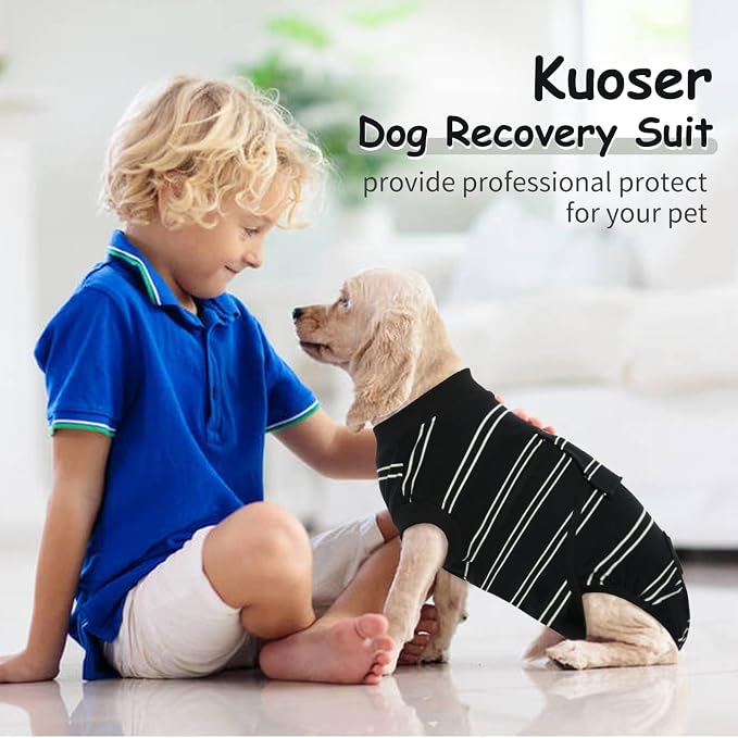 Kuoser Dog Surgery Recovery Suit, Soft Breathable Dog Recovery Suit for Female Spay Male Nueuter, Anti Licking Puppy Onesie Pet Surgical Suit for Dogs Abdominal Wounds Skin Disease, Black Strips S