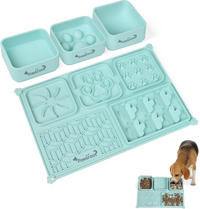 Extra Large Dog Lick Mat & Slow Feeder Bowl Set - XXL Silicone Enrichment Tray for Large Breeds - 2-in-1 Calming Puzzle Toy with 3 Removable Bowls (Soft Mint)