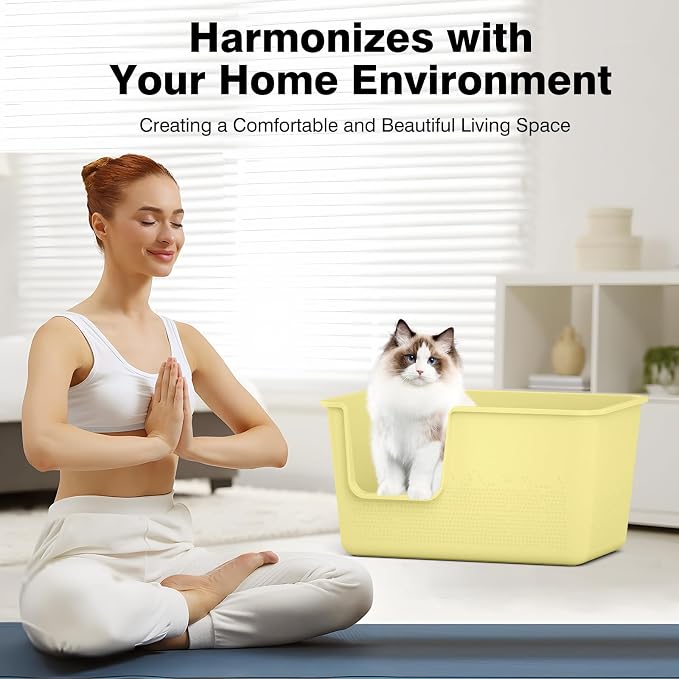 Cat Litter Box with High Sided,24.8" Lx14.9 Wx13.0 H,Extra Large Cat Litter Box for Big Cats,XL Jumbo Kitty Litter Box for Indoor Cats,Tool-Free Assembly (Yellow)
