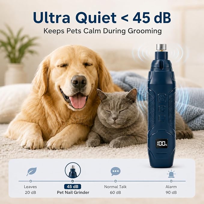 Dog & Cat Nail Grinder, Quiet 16-Speed USB-C Trimmer with 3 Heads | Below 45 dB,16 speeds, Dual LED lights, 3 ports, USB-C charging for cats and dogs