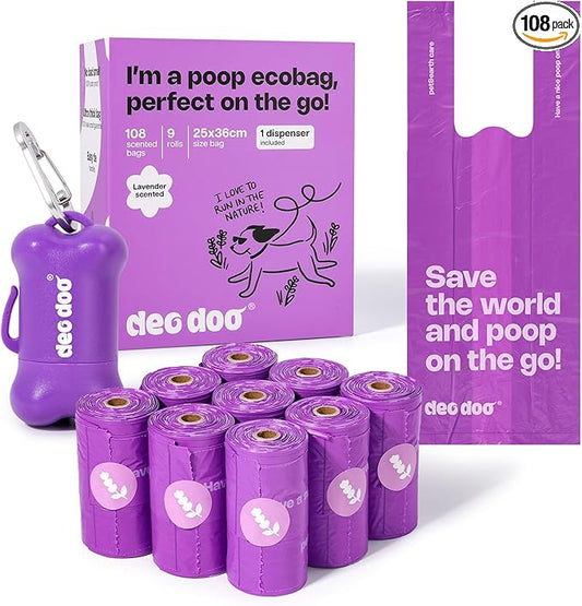 Deo Doo Dog Poop Bags with Handles 9 Rolls 108 Counts Big Sizes Leak Proof and Extra Thick Waste Bags Refill Rolls for Walking Small Medium Large Dogs Cats Litter With Holder Lavender Scented