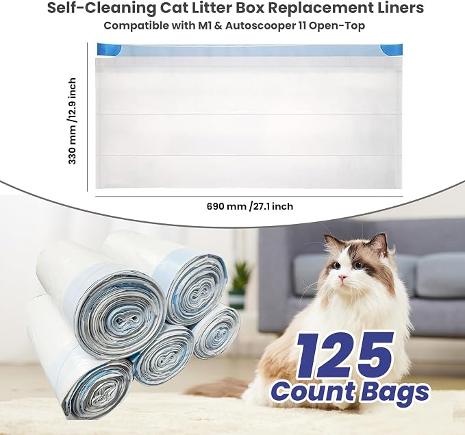 125 Counts Cat Litter Liner Bags Compatible with Neakasa and PetPivot Open-Top Pet Automatic Self Cleaning Cat Litter Box, Waste Bags, 27" x 13"Heavy Duty Replacement Trash Bags with Drawstring (Blue)