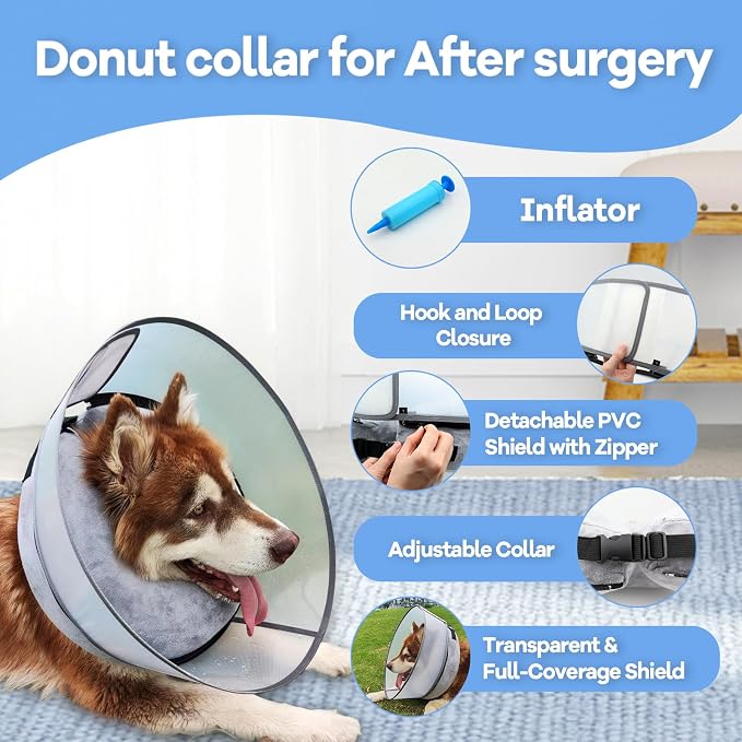 2-in-1 Inflatable Dog Cone Collar with Detachable Anti-Licking Shield, Soft Adjustable Elizabethan Collar for Dogs After Surgery (M, Grey)