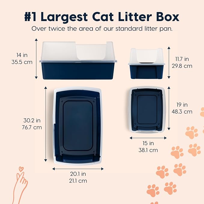 IRIS USA Extra Large Litter Box, Open Top Extra-Large Litter Box for Big Cats and Multi-Cat Households, High Sided Scatter Shield, Easy to Clean, 30" L x 20" W x 14" H, Navy