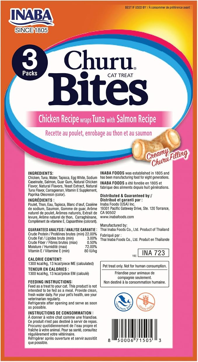 INABA Churu Bites for Cats, Soft/Chewy Baked Chicken Wrapped Churu Filled Cat Treats with Vitamin E, 0.35 Ounces per Tube, 24 Tubes Total (3 Tubes per Pack), Tuna with Salmon Recipe