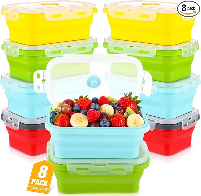 Mifoci Set of 8 Silicone Collapsible Bowls for Camping with Vent Lid Silicone Storage Containers for Food Meal Preparation Square Bowl Microwave Freezer Dishwasher Safe (Candy Color,17 Oz/ 500 ml)