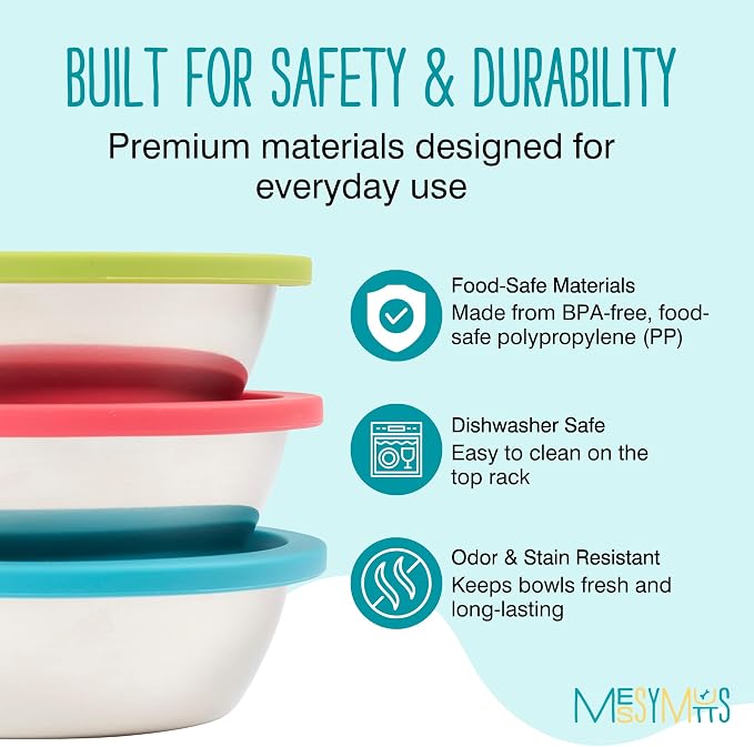 Messy Mutts 6-Piece Set | Three Stainless Steel Bowls and Three Colorful Silicone Lids | Sealable Travel Containers | Portable Food/Water Dishes for Pets | Medium, 1.5 Cups