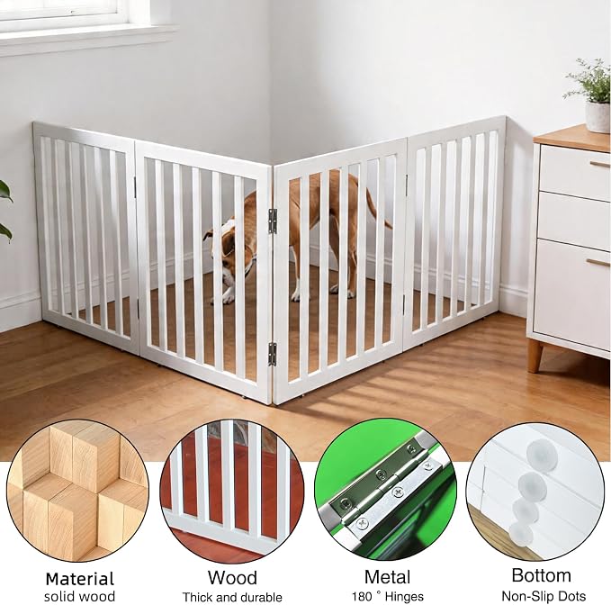 Dog Gate Indoor, Freestanding Dog Fence for The House, Doorways, Hallways,or Stairs,Pet Gate Foldable Wooden,Expandable 24" Height 4 Panels,White