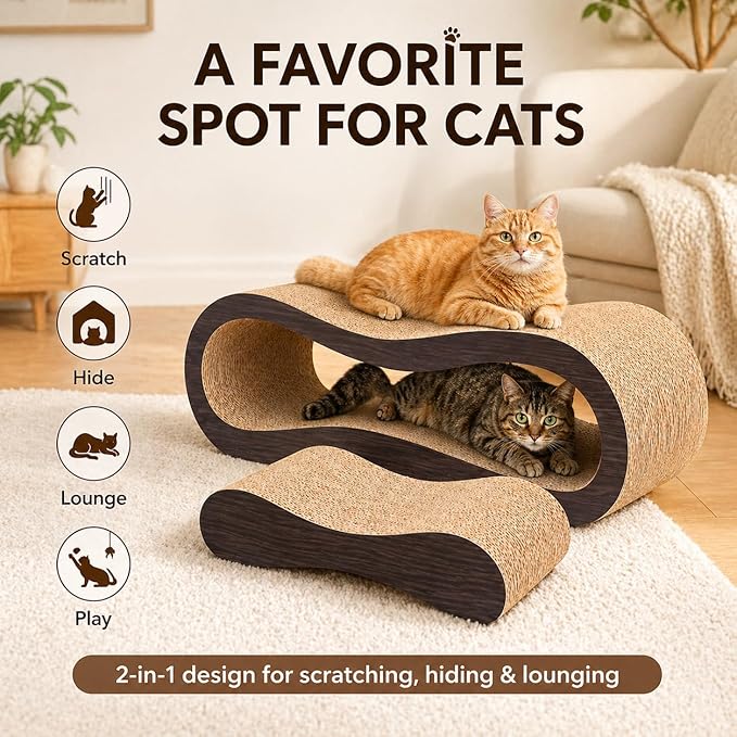 Simple Delxue 2 in 1 Large Cardboard Cat Scratcher Lounger，Cat Scratching Board for Indoor Cats,100% Recyclable&Reversible Horizontal Scratching Pads Prevents Furniture Damage,Brown