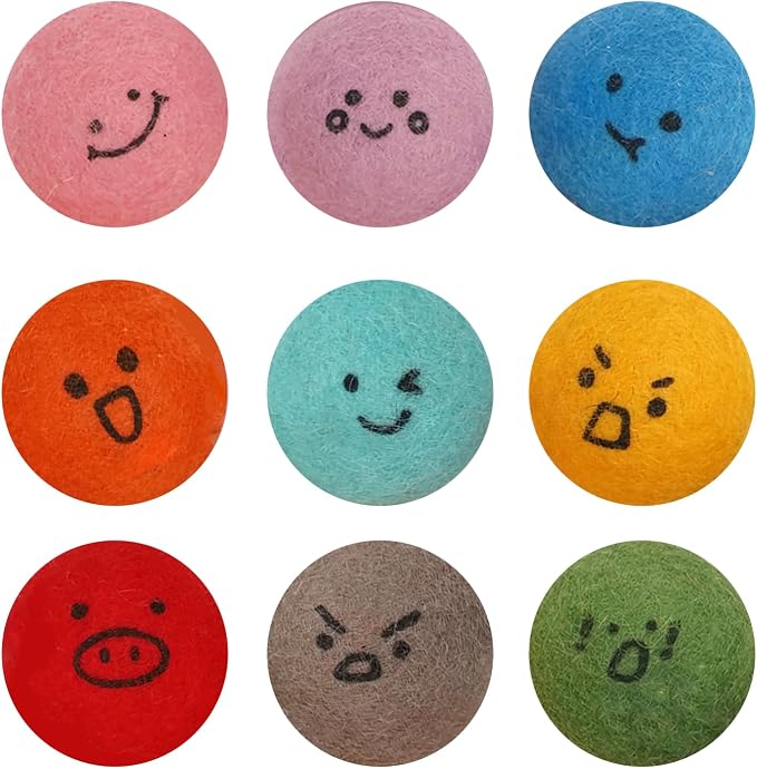 Ice Cream Cone Cat Toys 9PCS Set, Felt Ball Cat Toys with Cute Expressions, Interactive Kitten Toys for Indoor Cats, Soft Bite & Chase Toys with Catnip, 1.4 Inch Balls with Storage Box