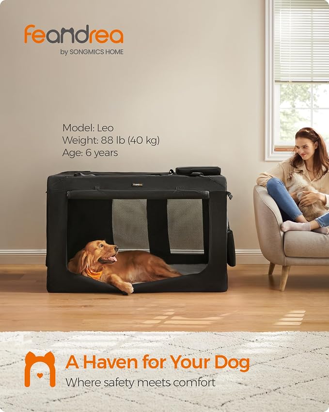 Feandrea 48 Inches Collapsible Soft Dog Crate, Portable Travel Dog Crate for Indoor and Outdoor Use, Dog Carrier Kennel with Safety Zippers, for Living Room, Car, Travelling, Camping, Black UPDC12H