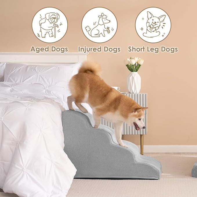 EHEYCIGA Curved Dog Stairs Ramp for High Beds 19.7" H, 4-Step Dog Steps for Small Dogs and Cats, Pet Stairs for High Bed Climbing, Non-Slip Balanced Pet Step Indoor, Light Grey