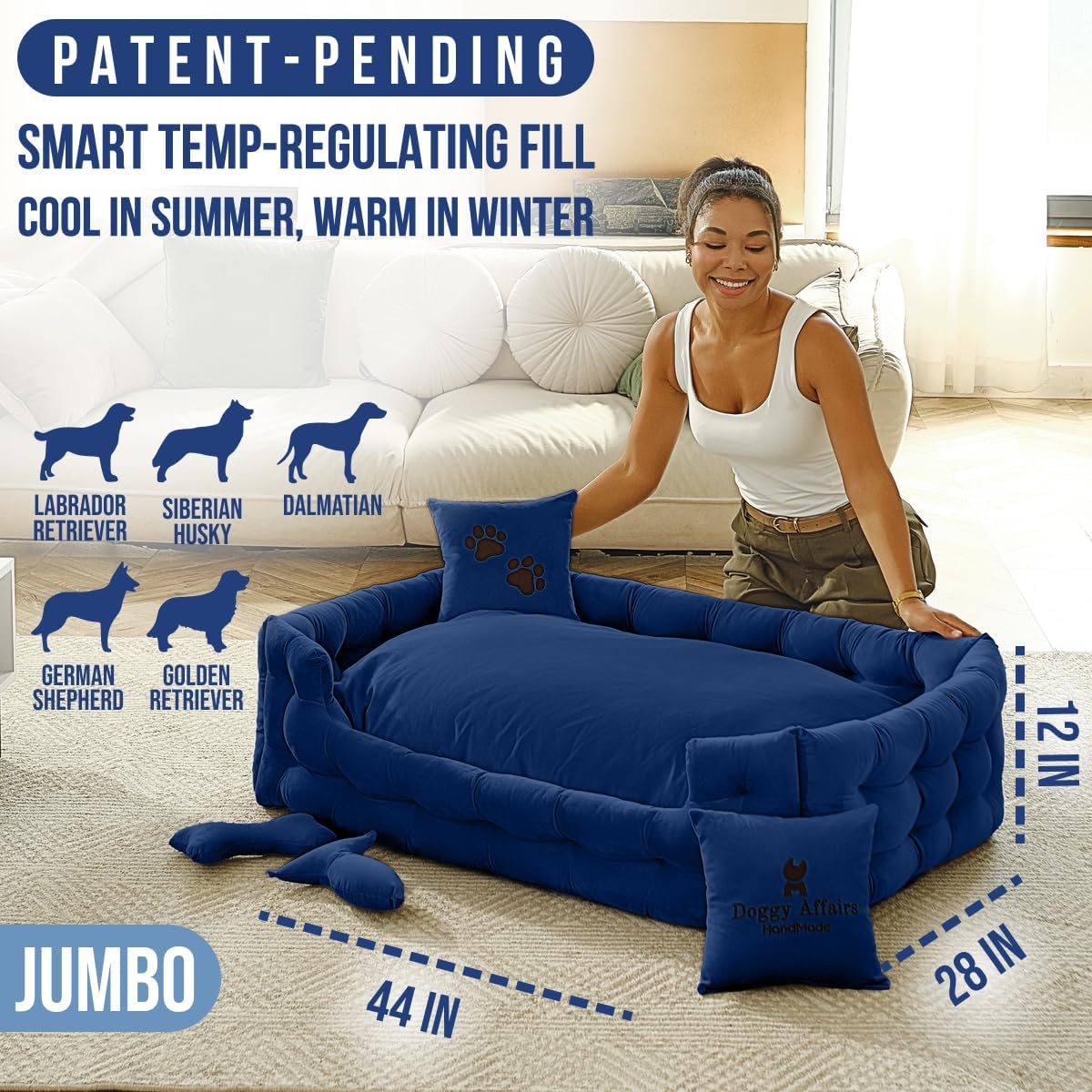 Luxury Dog Bed Chesterfield – Handcrafted Velvet Throne for Dogs | Joint Support, Calming & Temp-Regulating Comfort | Durable 5+ Years, Anti-Claw, Washable 100+ Times – XL, Blue