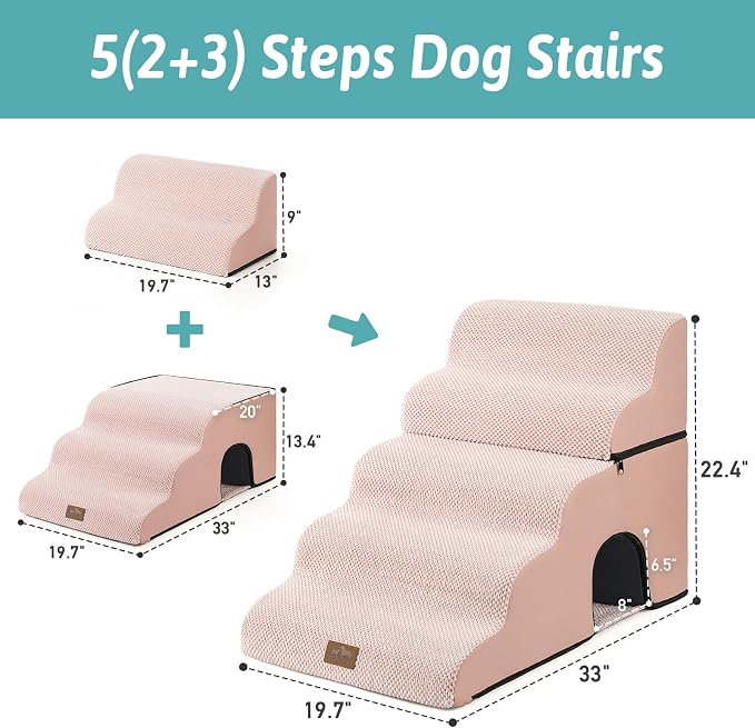 COZY KISS Extra Wide Dog Stairs with Tunnel, Detachable Large Pet Step for Small Medium Dog, Puppy or Cat, Ramp for High Bed, Couch, Sofa or Car, Stable, 19.7x33x22.4 inch, 5 Step, Pink