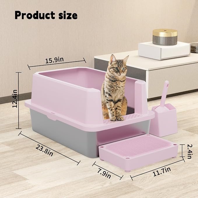 RIZZARI Pink Large Heavy-Duty 304 Stainless Steel Cat Litter Box - Open Pan with High Sides & Leak-Proof, Odor-Resistant & Easy Clean, Non-Stick Coating, for Big Cats in Apartments & Bathrooms