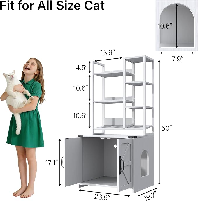 Kepptory Wooden Cat Litter Box Enclosure Furniture with Open Storage Shelves, Hidden Kitty Litter Box Cabinet Side Entrance, Multi-Purpose Cat House Cat Feeder Stand for Indoor Cats, White