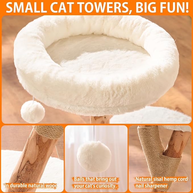 YOCAN Modern Cat Tree Tower for Indoor Cats, 2-Tier Cat Furniture with Natural Wood Posts, Soft Plush Bed, Scratching Post & Hanging Ball Toy, Stylish Cat Climbing Tower