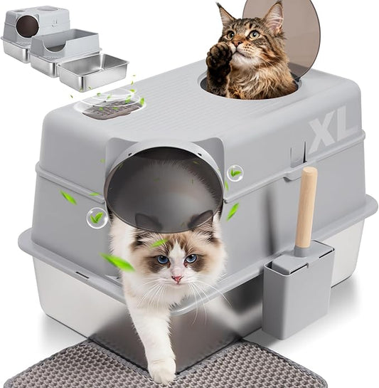 Stainless Steel Litter Box with Lid, XL Extra Large Cat Litter Box for Big Cats, Front & Top Entry Metal Cat Box with Scoop and Mat, Odor-Free, Anti-Urine Leakage, Non-Sticky, Easy Cleaning