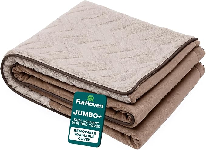 FurHaven Dog Bed Cover Replacement, Sofa-Style Design with Soft, Breathable Fabric for Cozy Comfort, Machine Washable, Jumbo Plus XXL, Plush & Velvet Waves, Brownstone