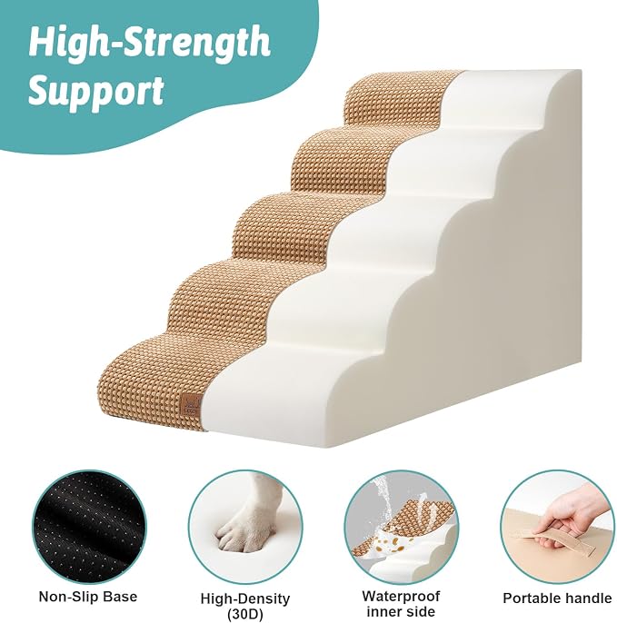 COZY KISS Extra Wide Dog Stairs 19.7" Width, Pet Step for Small/Medium/Large Dog, Puppy or Cat, Pet Ramp for High Bed or Car, High Density Foam Ladder, 19.7x33x22.4 in, Stable, 5 Step, Light Brown