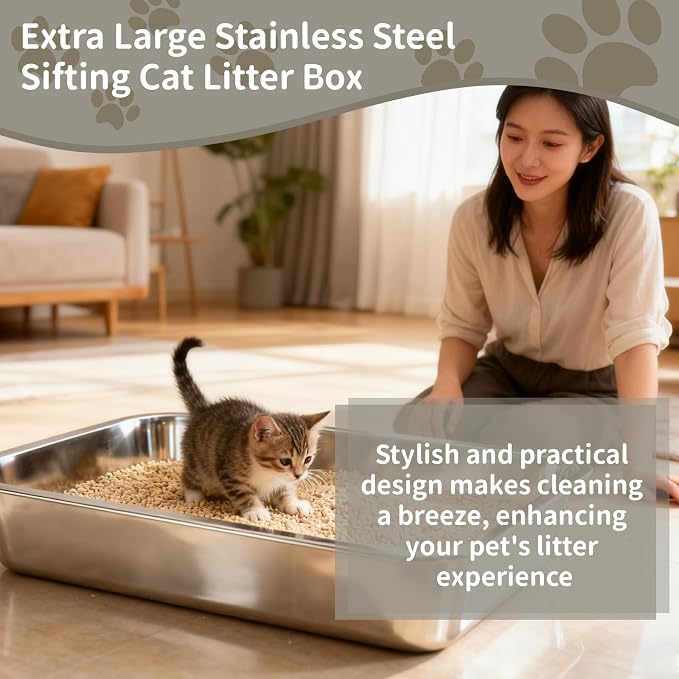Stainless Steel Cat Sifting Litter Box 17.5" x 13.5" x 4" - Metal High Sided Open Top Litterbox Odor Control Non-Clumping with Scoop Litter Mat Trash Bag, Anti-Leakage, Less Tracking, Easy Cleaning