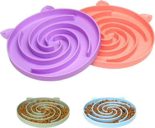 Slow Feeder Cat Bowl, Easy to Clean Silicone Bowl, Ideal for Dry and Wet Food (Purple and Pink)