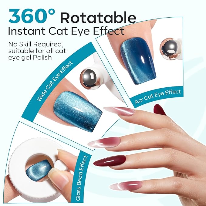Modelones 5D Automatic Cat Eye Magnet for Nails, 5Pcs Circle Nail Magnet Tool for Cat Eye Gel Polish, 360 Rotating Cat Eye Magnet Tool, U-Shaped&Ball Magnet&Hole&Heart Magnets for Glass Bead Nail Art