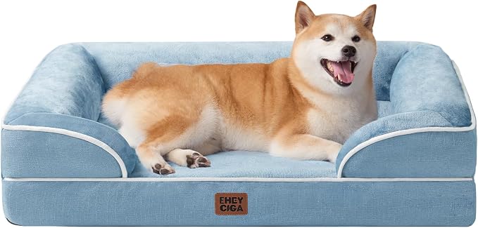 EHEYCIGA Orthopedic Dog Beds for Large Dogs, Waterproof Memory Foam Large Dog Bed with Sides, Non-Slip Bottom and Egg-Crate Foam Pet Couch Bed with Washable Removable Cover, Washed Blue