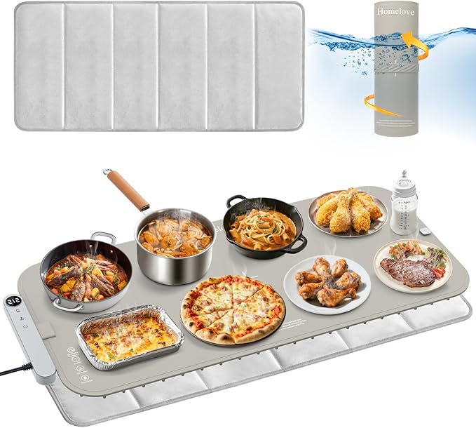 Homelove Warming Mat for Food - Electric Warming Tray with 7-Level Temperature and 6-Level Hours Setting, Full Surface Heating, Waterproof Dishwasher-Friendly Food Warmer for Parties, Kitchen (Khaki)