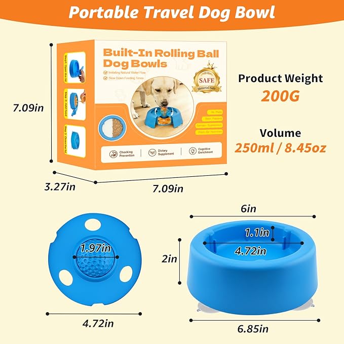 Dog Lick Bowl, 8 oz Slow Feeder Dog Bowls for Liquid Treats, Non Slip Dog Lick Ball with Built-in Rolling Ball, Lick Ball Bowl for Bone Broth Yogurt Dietary Supplement (Blue)