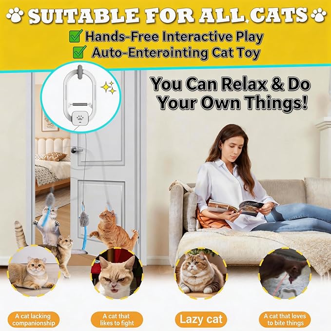 Interactive Cat Toy, Rechargeable Electric Cat Teaser, Hanging Door cat Toy, 2 Motion Modes (360° Spin & Irregular Jumping), Smart Auto Cat Toy for Exercise & Fun, Grey