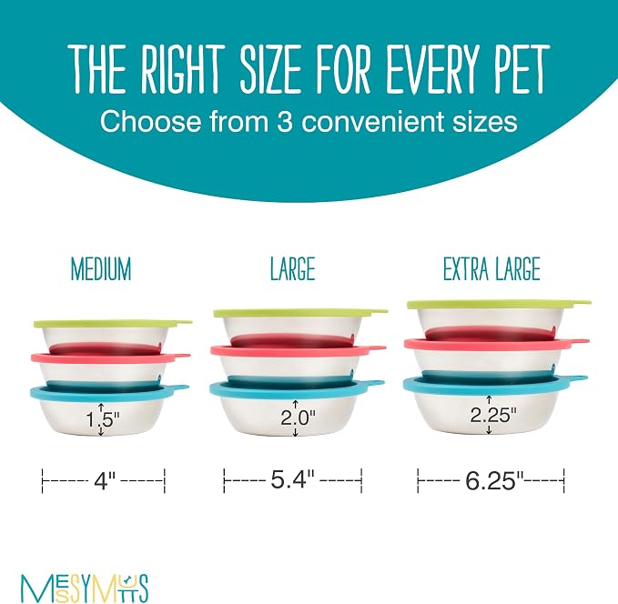 Messy Mutts 6-Piece Set | Three Stainless Steel Bowls and Three Colorful Silicone Lids | Sealable Travel Containers | Portable Food/Water Dishes for Pets | Large, 3 Cups