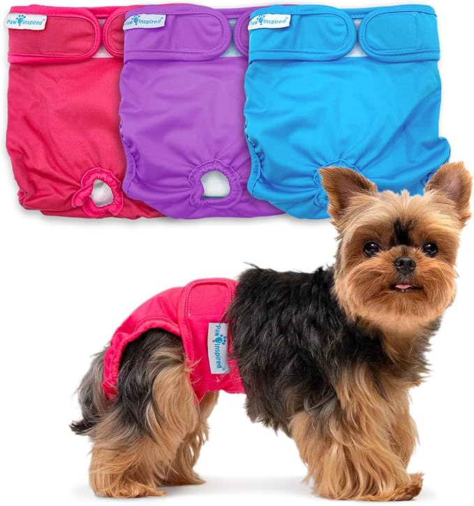 Paw Inspired Washable Reusable Dog Diapers Female, Cloth Dog Diapers, Dogs in Heat, Dog Incontinence (Assorted (White Lining), X-Small (3 Ct.))