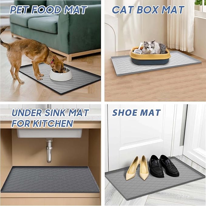 URMONA Large Dog Food Mat, 25" x 22" Pet Food Mat, Waterproof Dog Cat Food Mat with Raised Edges, Silicone Pet Food Mat, Dog Accessories, Prevents Food Spills, Protects Floors (Light Grey)